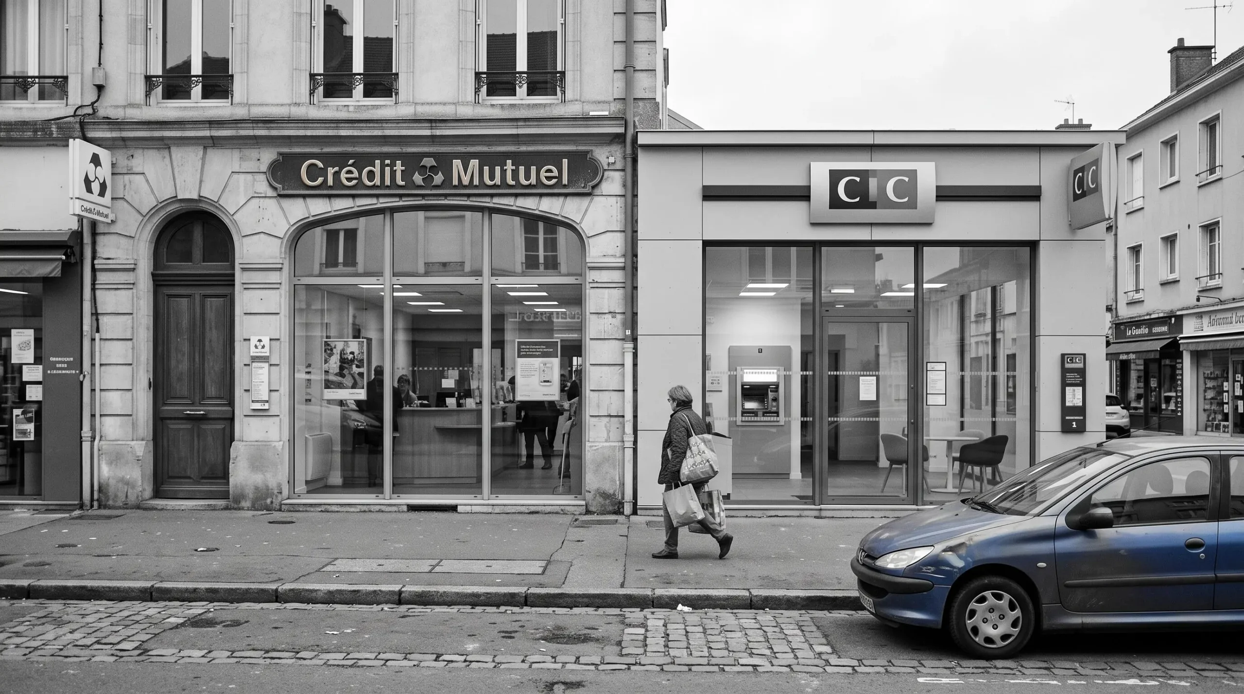 Deux agences bancaires de styles différents côte à côte dans une rue commerciale française, avec une voiture d'occasion garée devant.